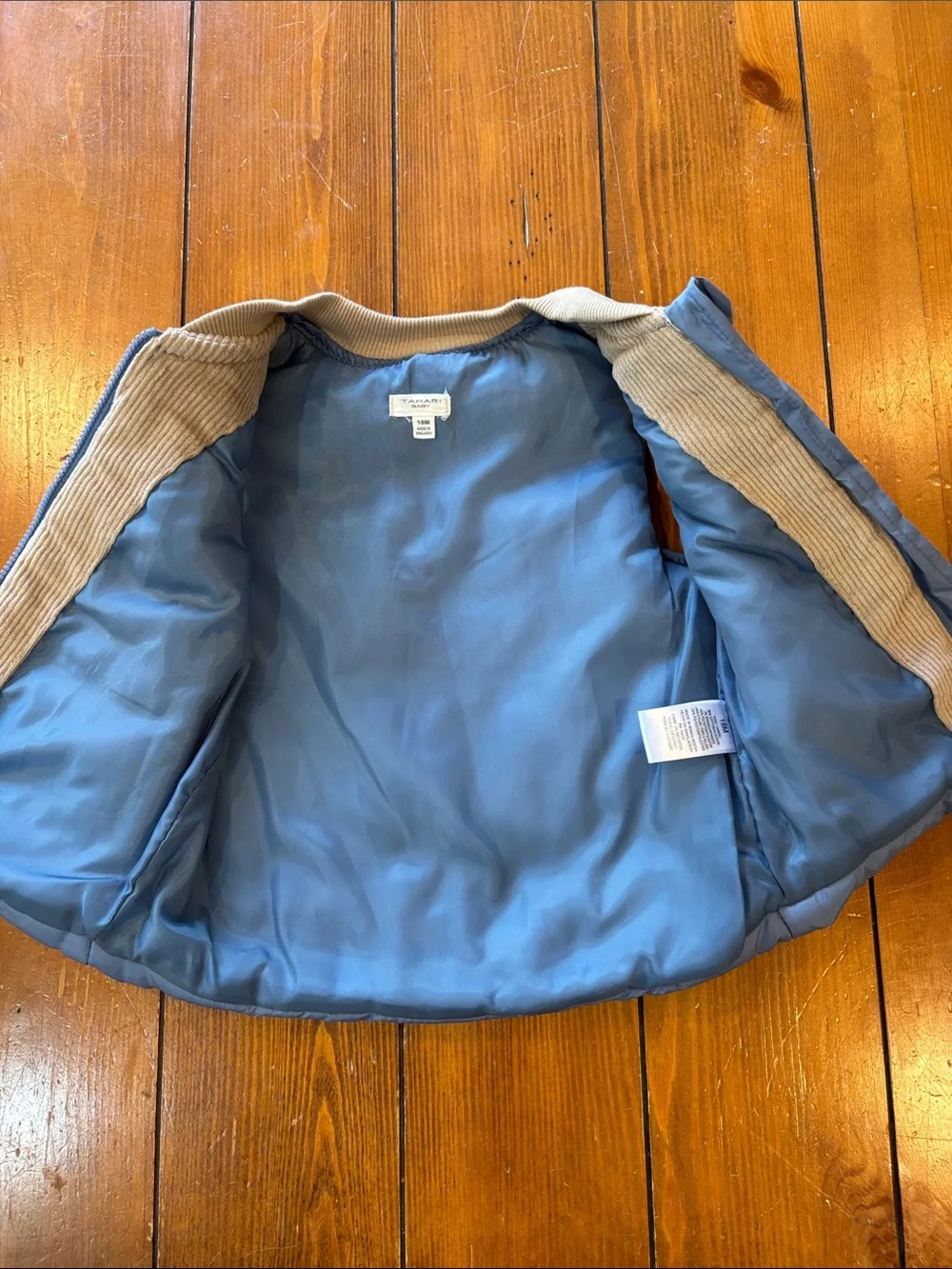 Tahari Baby Blue Puffer Vest With Tan Corduroy Trim Boys Size 18 Months EUC